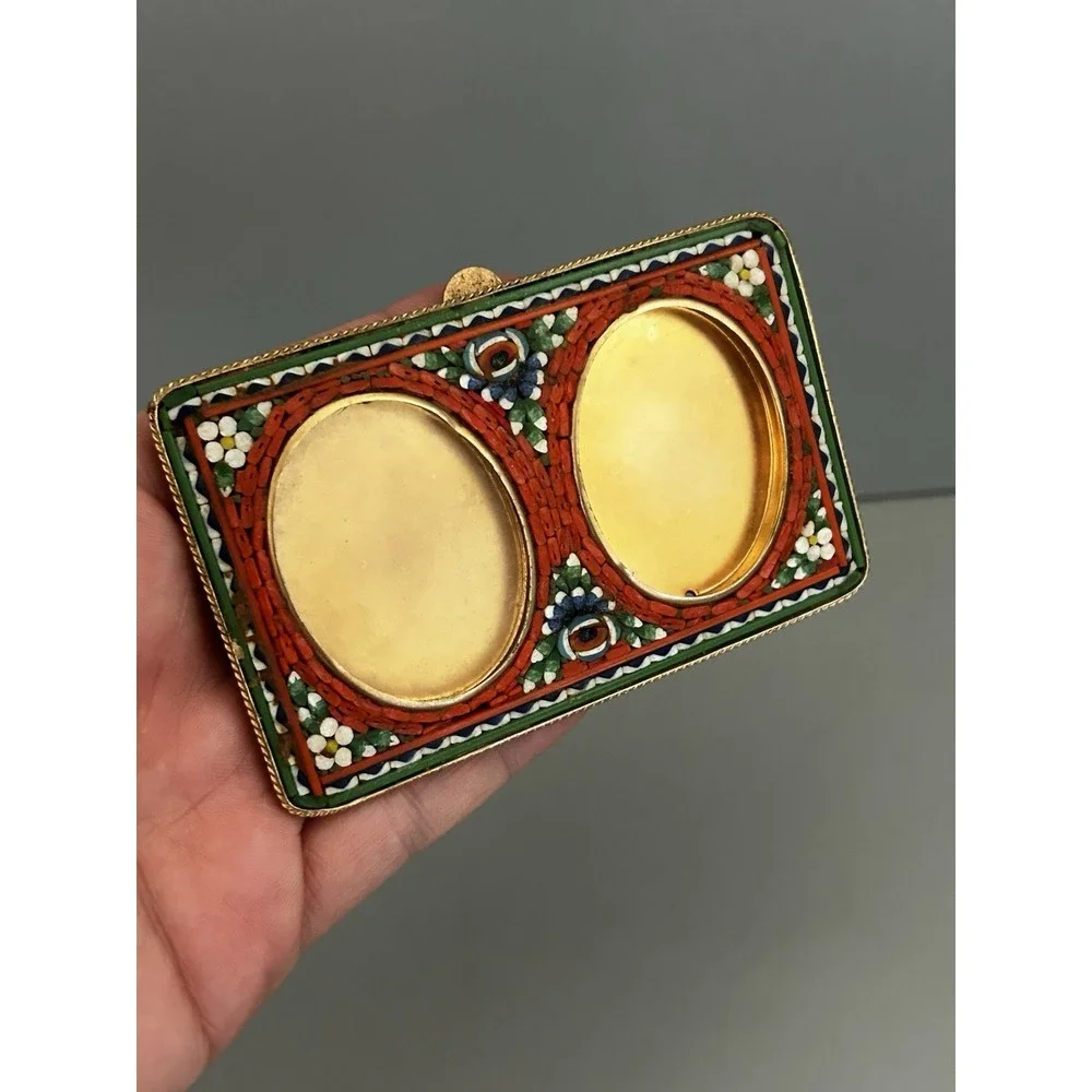 Vintage Italy Micro Mosaic Picture Frame Gold Tone Brass Double Oval Easel 3x4